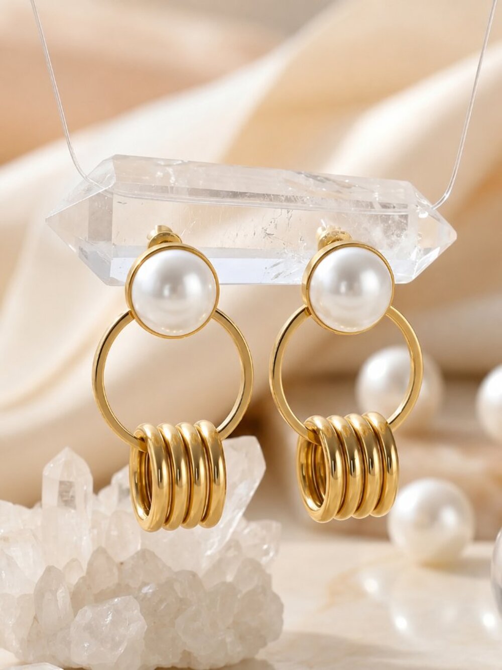 18K Gold Plated Faux Pearl Multi Hoop Earrings Bridal Quiet Luxury Classic 1"